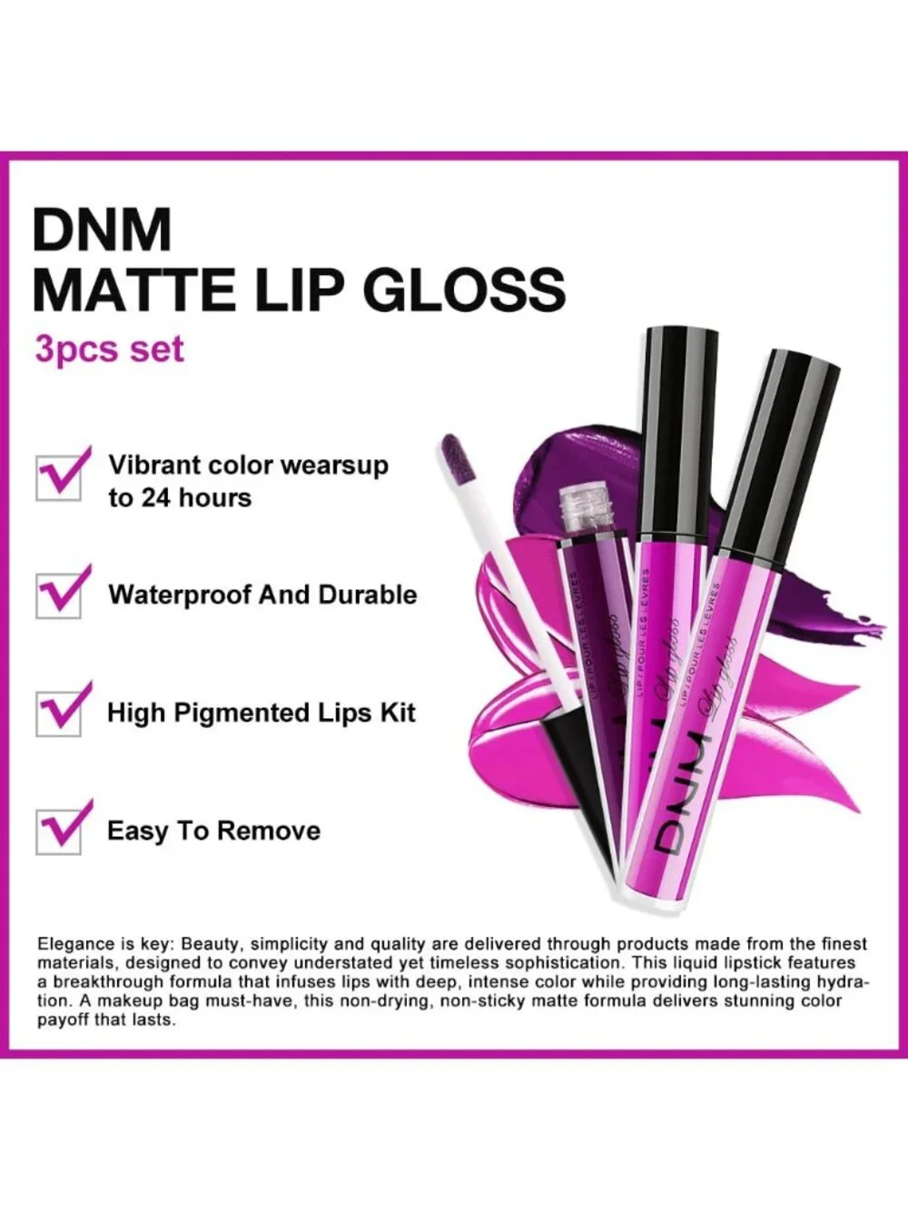 Set32-purple & Hot Pink & Fuchsia Red 3pcs Matte Liquid Lipstick Lip Gloss Kit